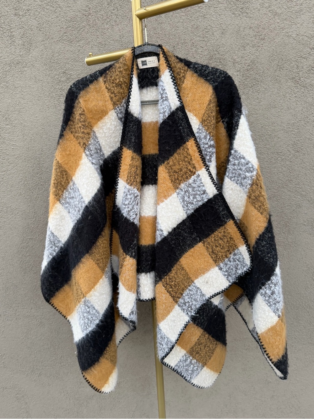 Anthropologie Look by M Plaid Blanket Kimono Poncho Cape Yellow Black